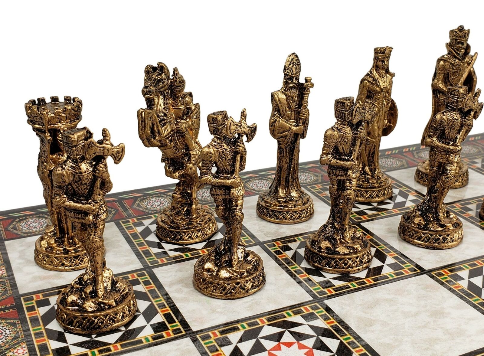 Medieval Times Crusades Pewter METAL Chess Set 16 Black & Red Faux Marble  Board