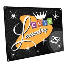 Black Coin Laundry Metal Sign; Wall Decor for Bath or Laundry