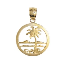 New 14k Yellow Gold Beach Scene Palm Tree Pendant