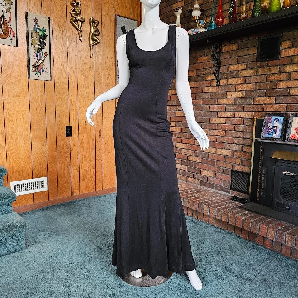 Vtg 80s Blk Mermaid Bandage Chiffon Waterfall Backless Dress Evening Ball Gown M - Image 2 of 4