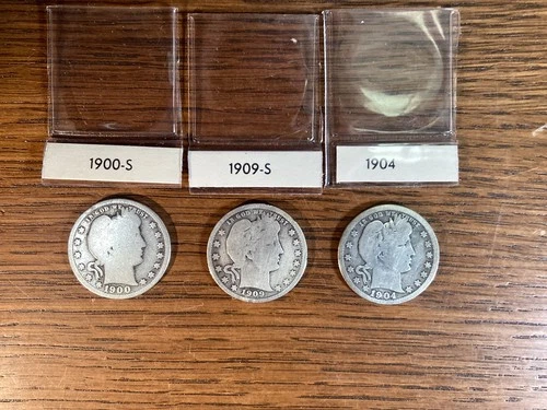 1900 S ,1909 S and 1904 Barber Quarter Dollar Coins Lot Of 3