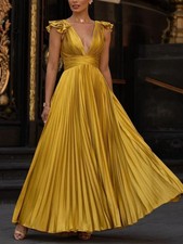 Ieena for Mac Duggal Pleated Satin Gown Chartreuse V-Neck Lace Up Back 26729 2