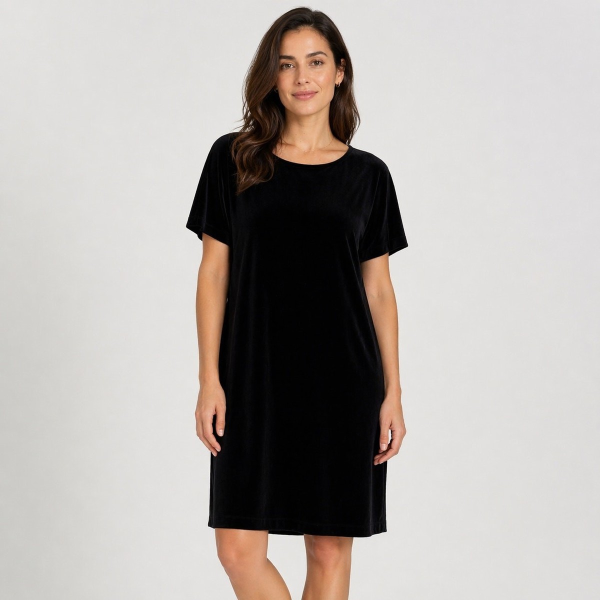 Eileen Fisher Stretch Velvet Shift Dress Size Small Black Short Sleeve  Classic