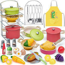 Kids Play Kitchen Set with Pots, Pans, Utensils, Play Food, Apron Condiments,