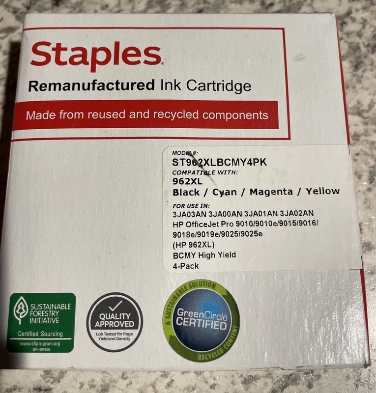 Staples 4 Pack Ink Cartridge 962XL Compatible Black Cyan Magenta Yellow