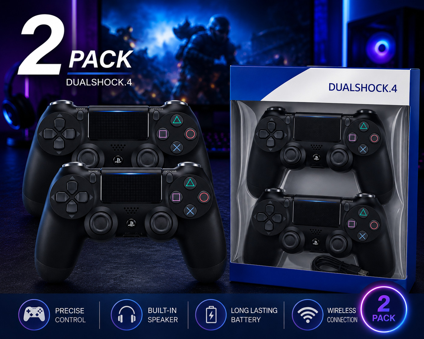 2×Sony PlayStation DualShock 4 Wireless Controller – Jet Black, Brand New & Seal