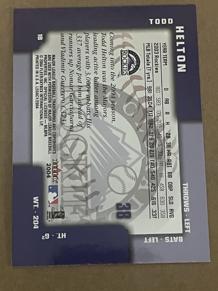 2004 FLEER LEGACY - TODD HELTON ROCKIES #38 - Image 2 of 2