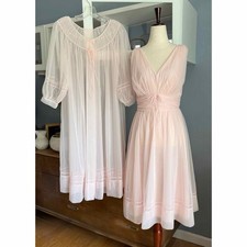 2pc Vintage Shadowline 60 s Pink Chiffon Nightgown Dress Peignoir Set