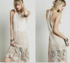 Free People XS Nora Lace Tank Dress in Cream Ivory Tan Racerback Layering Long