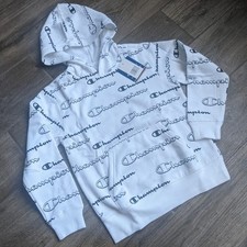Champion Sweatshirt White With All Over Print Logo Kids Hoodie Sweatshirt Size 7