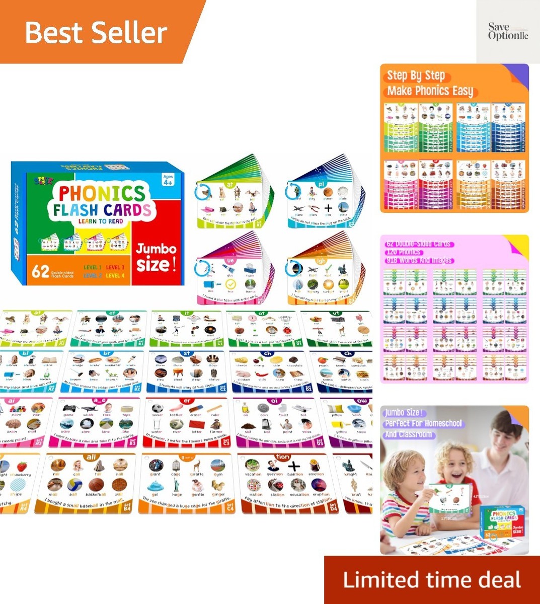 Phonics Flashcards, 120 Phonics 62 Double-Sided Cards - 20 Phonic