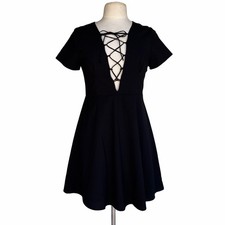 LUCCA Dress Womens Size S Black Short Sleeves V-neck Lace Up Front A-line