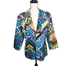 Chico's Colorful Geometric Blazer Jacket Sz 2 L Vibrant Abstract Print Office