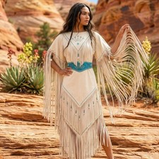 White Handmade Suede Leather Fringe Gown | Women Western Native-American Wedding