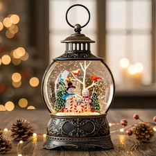 Christmas Snow Globe Lighted Snowman Family&Cardinal Scene, Musical Snow Water L