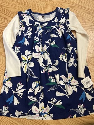 TEA COLLECTION Layered Sleeve Mighty Mini Blue Dress Tropical Lillies Size 5 NWT