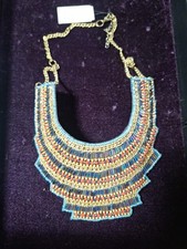 Egyptian Revival Style Beaded Collar Necklace Yellow Orange Blue