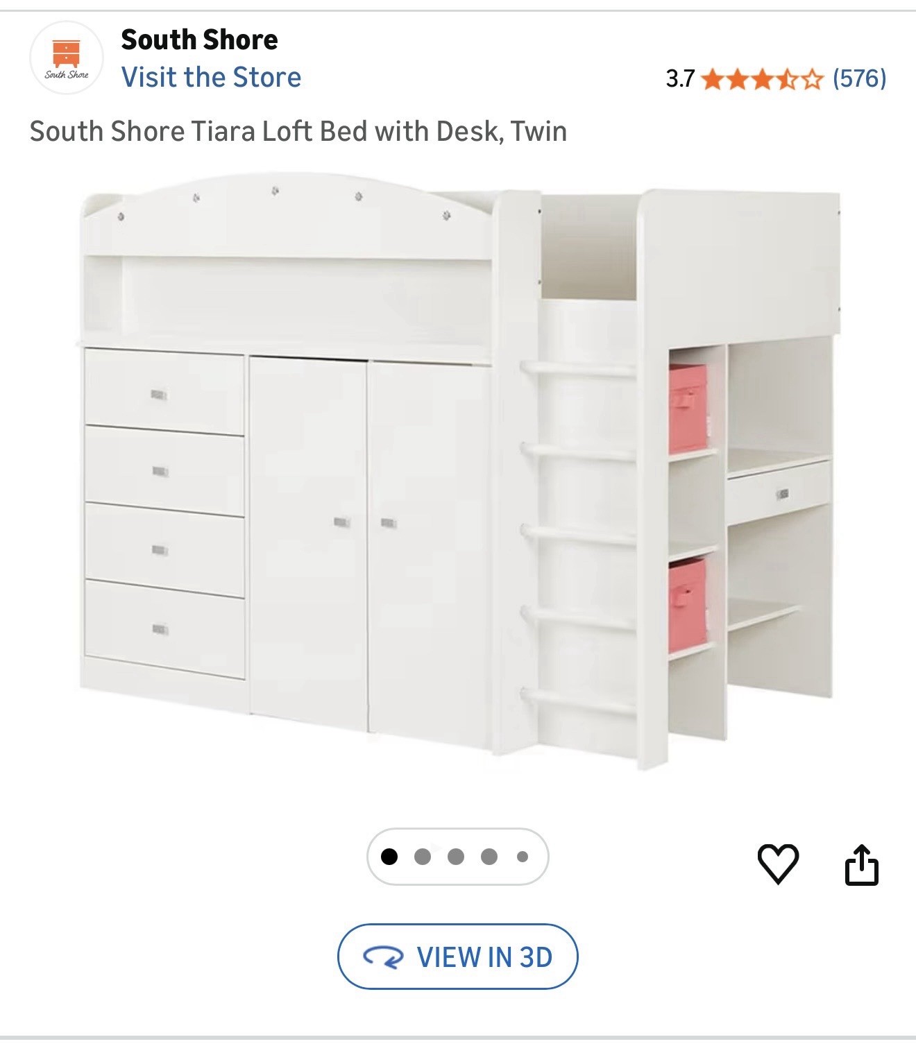 South Shore 10523 Furniture Tiara Loft Bed with Desk Twin - Pure White