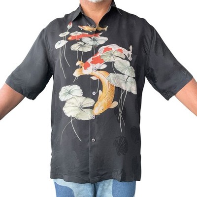 Tori Richard 100% Silk Camp Shirt Koi Fish Double Side Button Front Medium