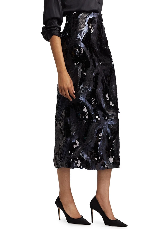 Saia Ramy Brook Feminina Donnelly Midi 6 Lantejoulas Pretas Redemoinho - Nova com etiquetas $465 - Imagem 4 de 4