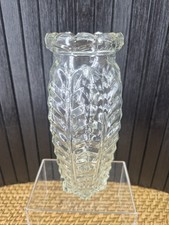 Vintage EAPG Clear Pressed Glass Celery Vase Embossed Leaf Pattern Scalloped Rim