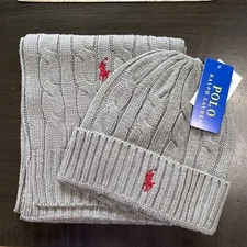 Ralph Lauren Gray /Red Pony Men Women Scarf and Beanie Hat 2 Piece Set Gift