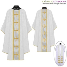 NEW White Gothic Vestment & Stole set with Jerusalem Cross Embroidery, Chasuble