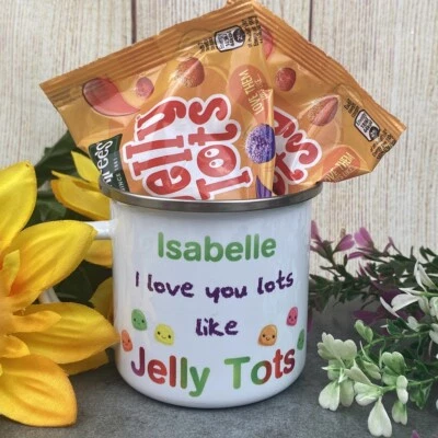 THE PERSNICKETY CO I Love You Lots Like Jelly Tots Personalised Enamel Mug, Birthday Gift for kids