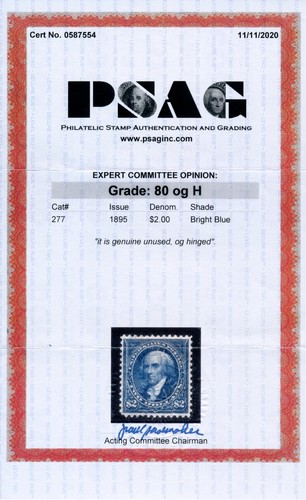 US 277 $2 1895 James Madison watermarked PSAG grade 80 unused OG hinged - Picture 3 of 3