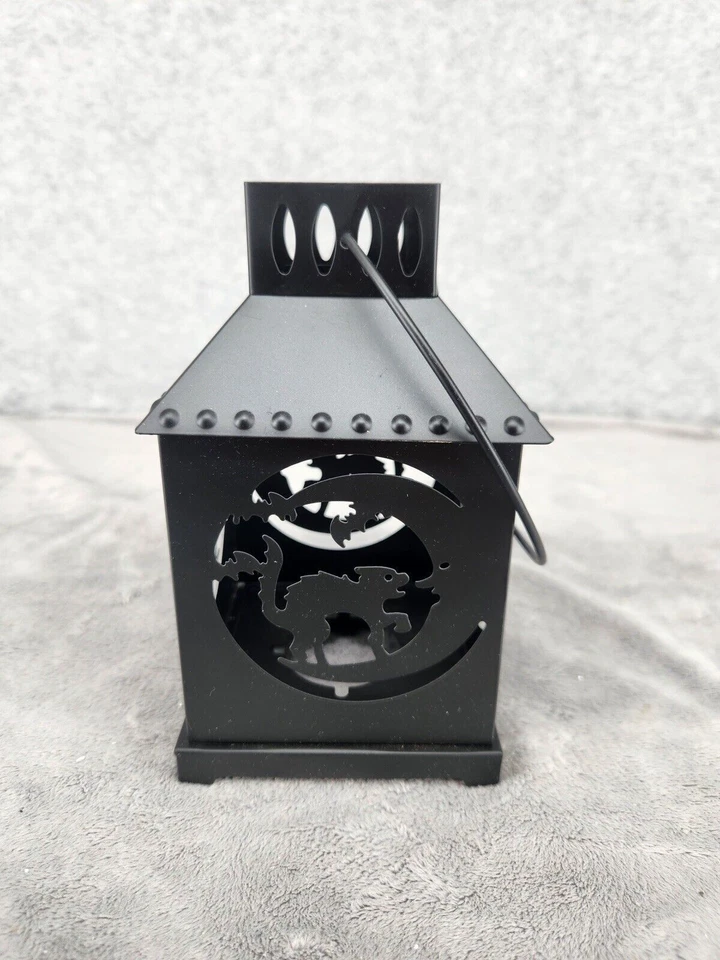 "SOPORTE DE VELA DE HOJALATA NEGRO MATE con mango de gato negro y luna 7,5"" - falta fondo" Foto 2 de 4