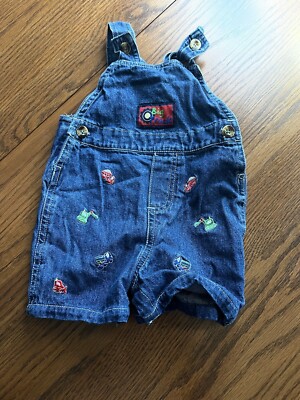 vtg fisher price baby boys big trucks denim overalls romper 6-9 months 