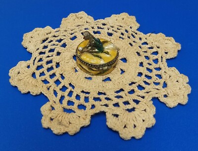 Vintage Magnetic Pill Box Woman with Faux Pearl on Beige Crochet Cloth