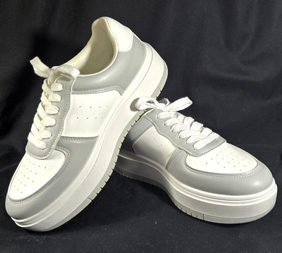 MADDEN GIRL, NEW Gray/White Leather, Natalie Platform Athletic Sneakers, Size 8