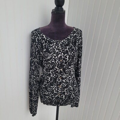 Premise Studio Black White Lace Print Button Front Cardigan