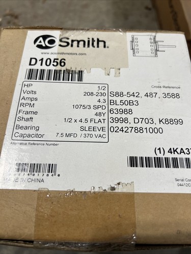 AO Smith D1056 1/2Hp 208-230V 1075Rpm 3 Speed Blower Motor Century Magnetek