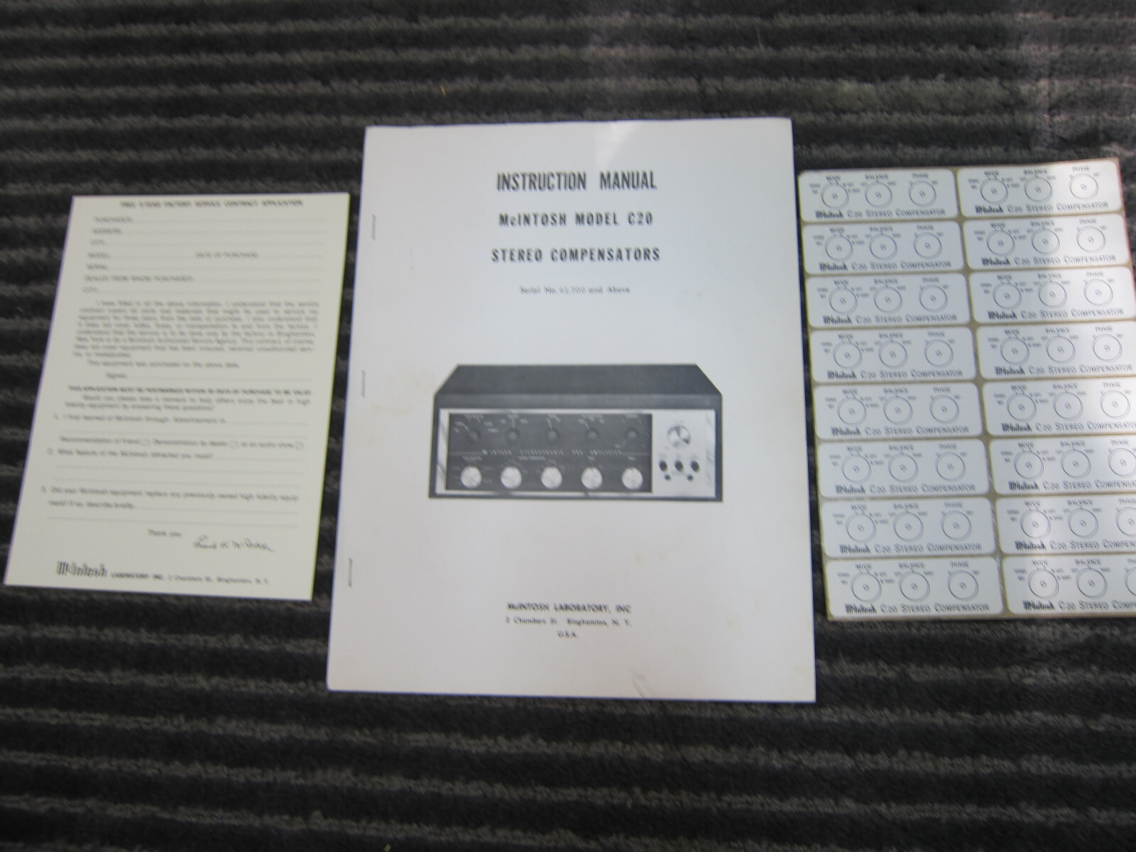 Vintage Mcintosh C20 Instruction Manual, Sticker Sheet, Warranty Card, USA