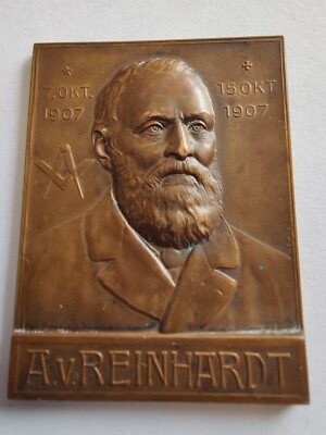Bronzeplatte August Reinhardt 1907 Freimaurer von Mayer und Wilhelm Medaille 