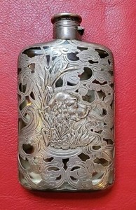 FABULOUS GORHAM STERLING SILVER OVERLAY FLASK HUNTING DOG ENGRAVED SCROLLWORK