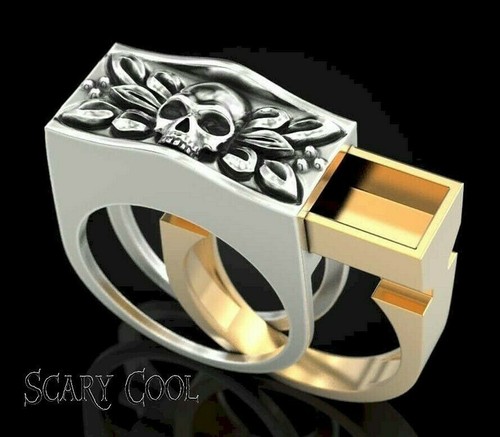 New Skull Secret Compartment Head Silver Gold Mens Gothic Biker Ring - Picture 9 of 10