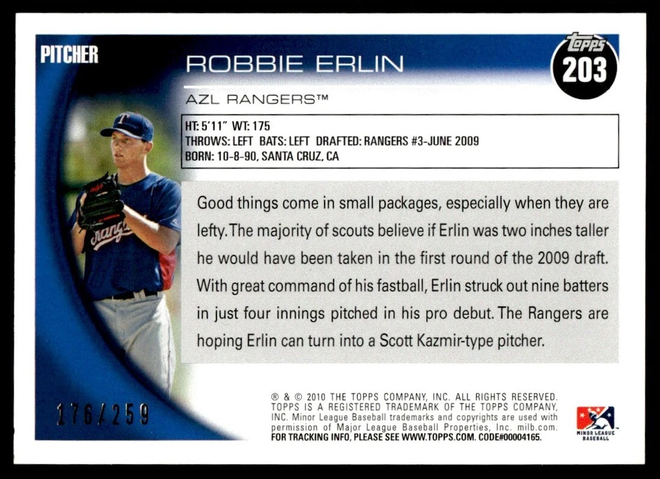 2010 Topps Pro Debut Blue 176/259 Robbie Erlin  AZL Rangers #203 - Image 2 of 2