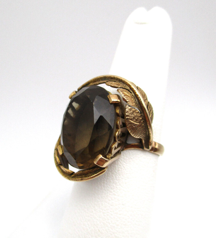 14K Yellow Gold Smoky Quartz Topaz Solitaire Cocktail ring Size 7.25 [R293]