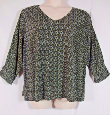 Nomadic Traders Brown Green Poly Spandex Blend V Neck Top L Plus 2X 3X