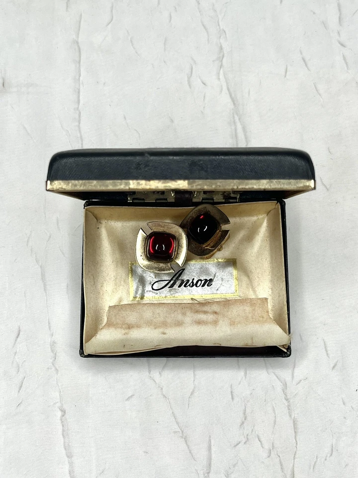 Vintage ANSON Men's Cufflinks Red Color Stones Gold Antique In Box - Image 2 of 4