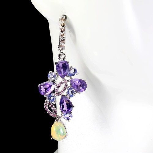 Orecchini In Argento Sterling 925 Con Opale Di Fuoco, Ametista E Rodolite - Foto 2 di 10