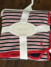 Ralph Lauren Navy Blue Red Stripe Cotton Pony Logo In Red Receiving Blanket. NWT