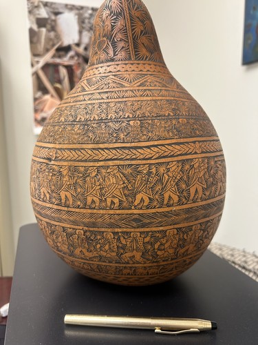 antique large 12.5 inch Hand carved gourd - Peru peruvian story teller folk art