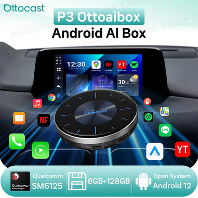 OTTOCAST P3 AI Box Wireless Carplay YouTube Google Play Split Screen 8+128GB