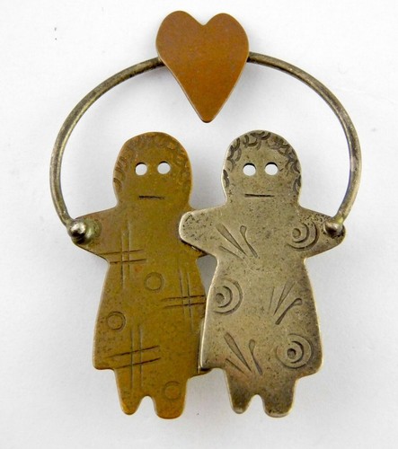 Susan Roggio Sterling Silver and Copper Loving Couple Heart Pin Brooch 4g 2 Inch