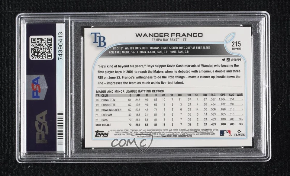 2022 Topps Chrome Sapphire Edition Wander Franco #215 PSA 10 GEM MT Rookie RC - Image 2 of 2