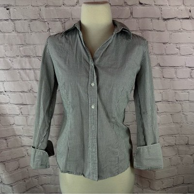 LOFT Black White check plaid cotton Button Down Shirt womens S layering office